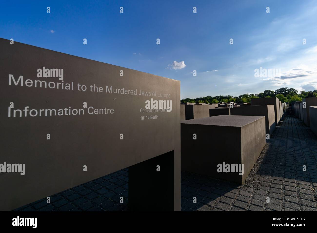 Memoriale agli ebrei assassinati d'Europa a Berlino, che mostra il pannello informativo e le stele di pietra sotto un cielo limpido, la Germania. Foto Stock
