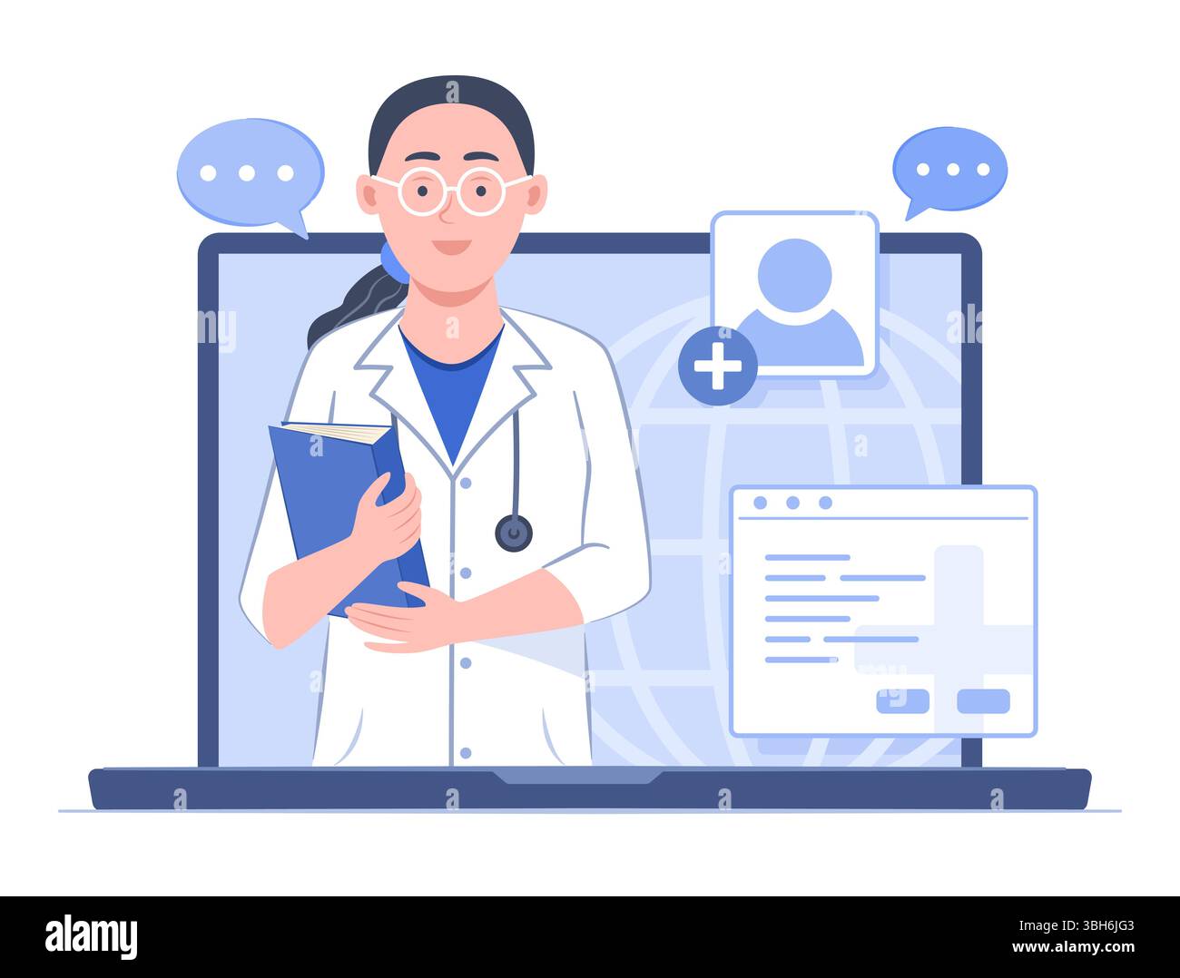 Medico in abito medico uniforme in possesso di file medico per il controllo di salute tramite la tecnologia di telemedicina e concetto di consultazione sanitaria online Illustrazione Vettoriale Medico in abito medico uniforme in possesso di file medico per il controllo di salute tramite la tecnologia di telemedicina e concetto di consultazione sanitaria online Illustrazione Vettoriale
