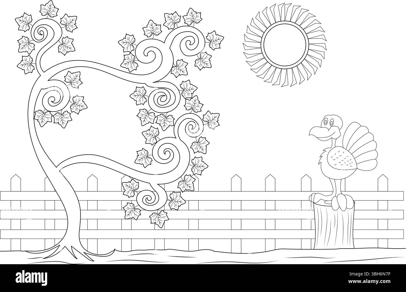 Un contorno bianco e nero perfetto per colorare, con un allegro tacchino cartoni animati in piedi su un ceppo di fronte a una recinzione rustica. Un sty Illustrazione Vettoriale