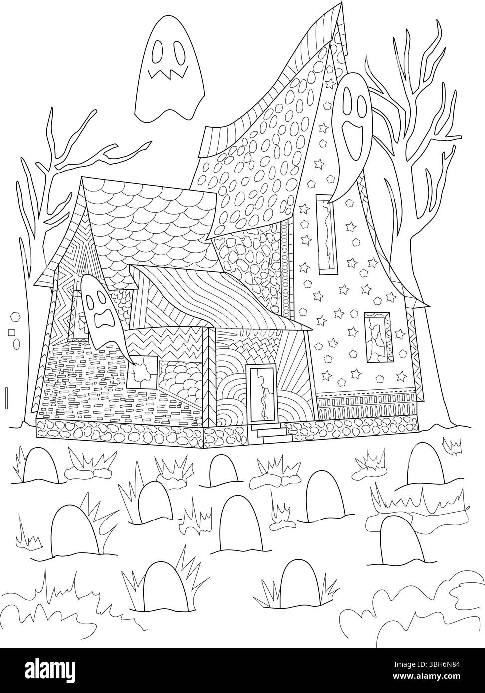 Illustrazione in bianco e nero di una spaventosa casa infestata da fantasmi con alberi raccapriccianti, fantasmi volanti e un cimitero in primo piano. Ideale come colore Illustrazione Vettoriale