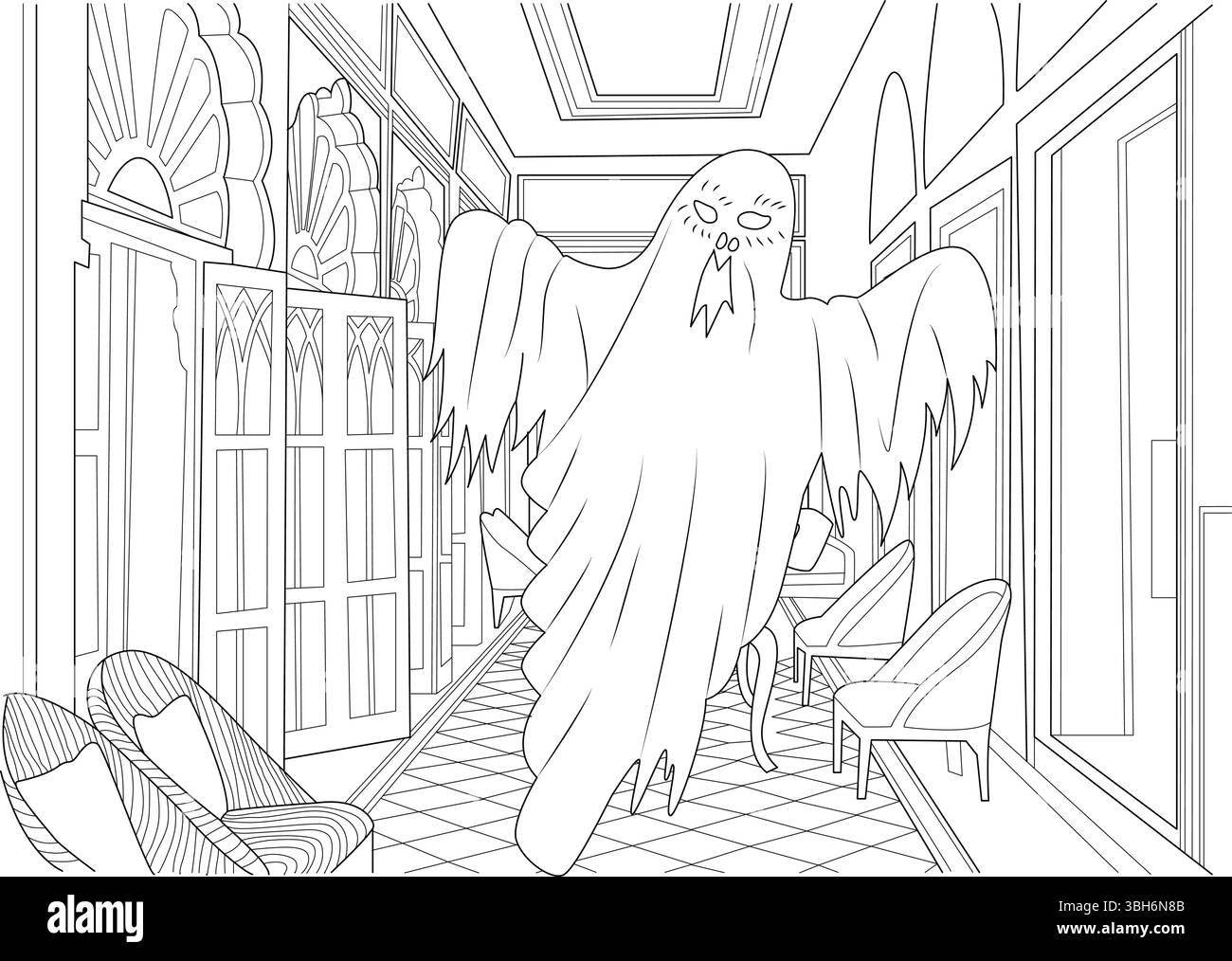 Linea in bianco e nero che raffigura un fantasma amichevole che galleggia lungo un lungo e spaventoso corridoio in una casa infestata. Perfetto per i temi di Halloween, c Illustrazione Vettoriale