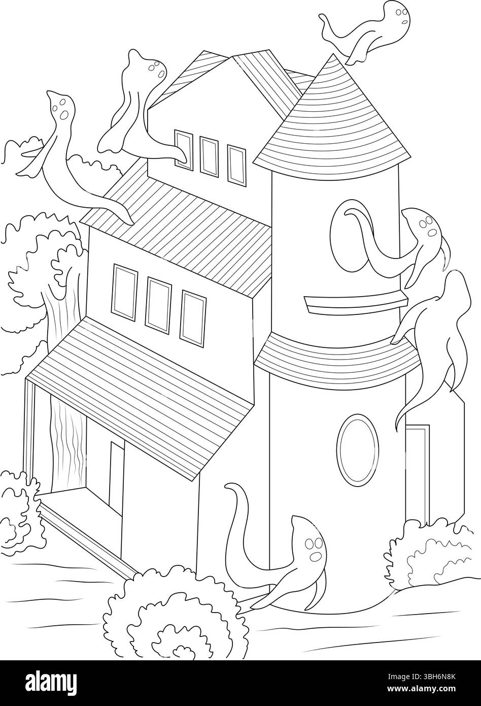 Illustrazione in bianco e nero di una spaventosa casa infestata da fantasmi con diversi fantasmi dei cartoni animati che volano intorno ad essa. Ideale come pagina da colorare o come eleme Illustrazione Vettoriale