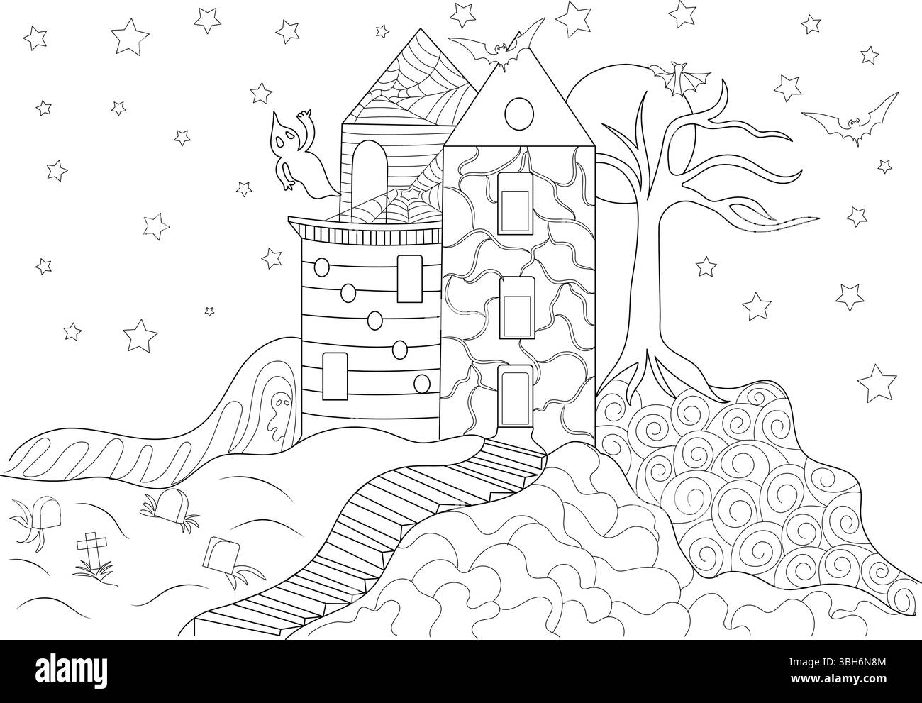 Illustrazione in linea bianca e nera di una spaventosa casa infestata su una collina. Le caratteristiche includono una casa raccapricciante con una scala a chiocciola, un albero morto e un flyin Illustrazione Vettoriale
