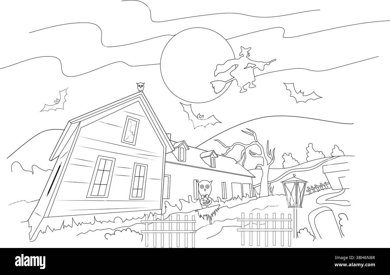 Illustrazione con contorno in bianco e nero perfetta per una pagina da colorare o per attività artigianali. Presenta una spaventosa casa infestata dai fantasmi sotto la luna piena con pipistrelli che volano Illustrazione Vettoriale
