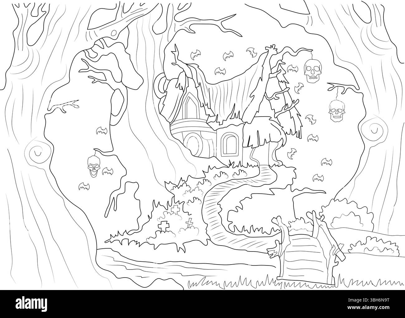 Illustrazione in linea bianca e nera che raffigura una spaventosa casa infestata dai fantasmi immersa in una foresta spettrale e stordita. Le caratteristiche includono pipistrelli volanti e appesi Illustrazione Vettoriale