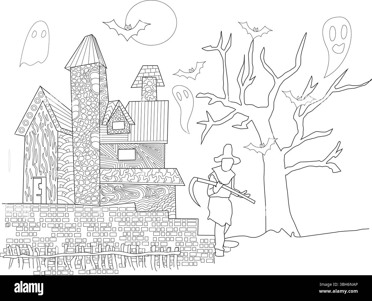 Illustrazione in line art che raffigura una spaventosa scena di casa infestata sotto una luna piena, completa di pipistrelli volanti, spaventosi fantasmi, un albero morto storto e un mio Illustrazione Vettoriale