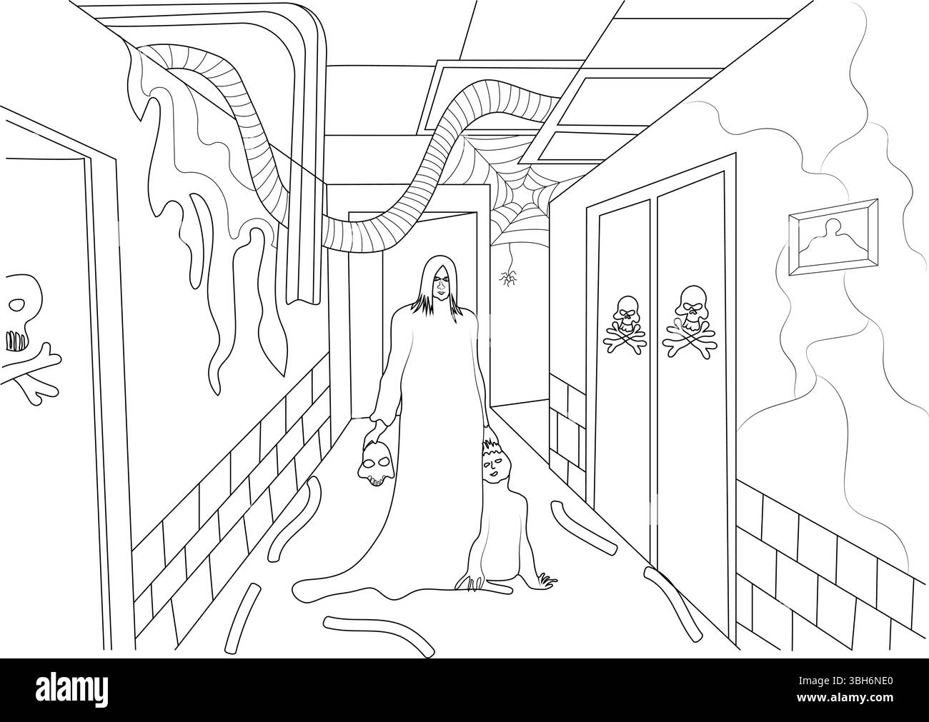 Illustrazione in linea bianca e nera che raffigura un corridoio spettrale all'interno di una casa infestata. Una figura spettrale che regge un teschio si trova accanto a un piccolo gattino Illustrazione Vettoriale
