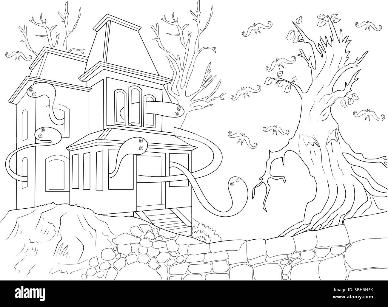 Illustrazione in bianco e nero di una casa spettrale infestata con fantasmi che emergono dalle finestre, un albero raccapricciante e un muro di pietra. Perfetto per ha Illustrazione Vettoriale