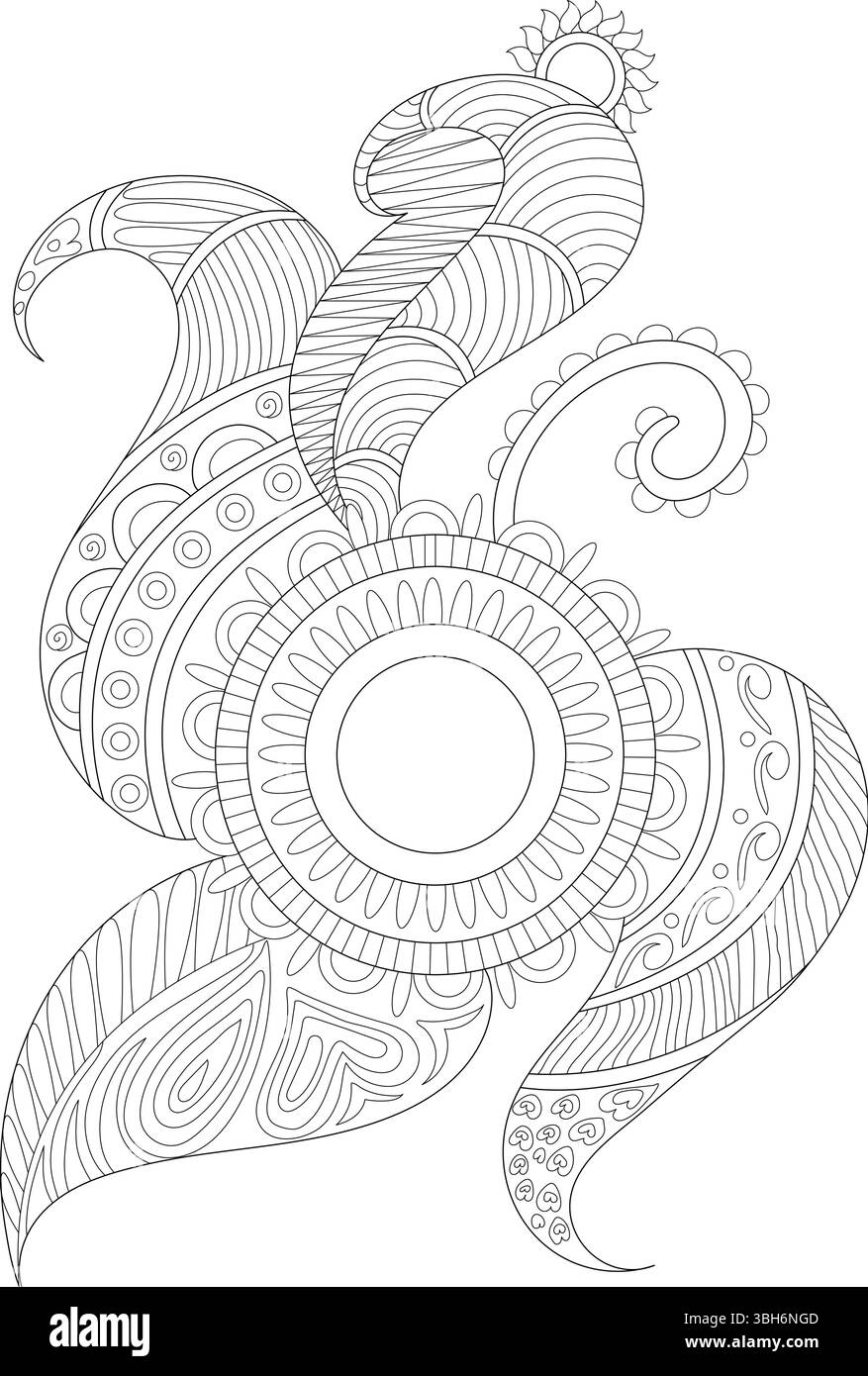Illustrazioni grafiche dettagliate in bianco e nero con un design intricato ispirato ai tradizionali motivi henné o mehndi. La grafica include pa Illustrazione Vettoriale