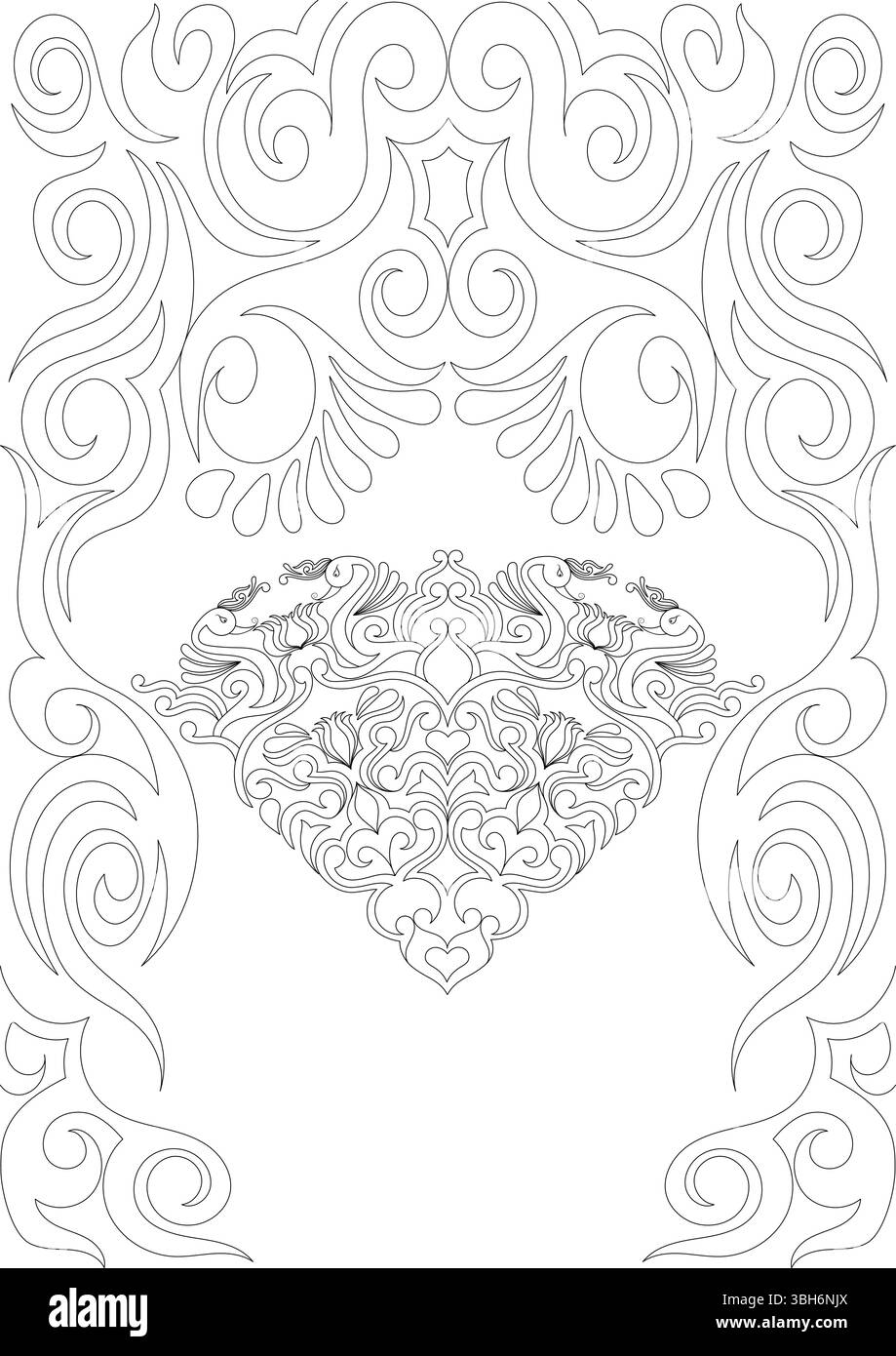 Dettagliate illustrazioni a linee bianche e nere con un motivo ornato e simmetrico ispirato al tradizionale henné indiano e arabo (mehndi) desi Illustrazione Vettoriale