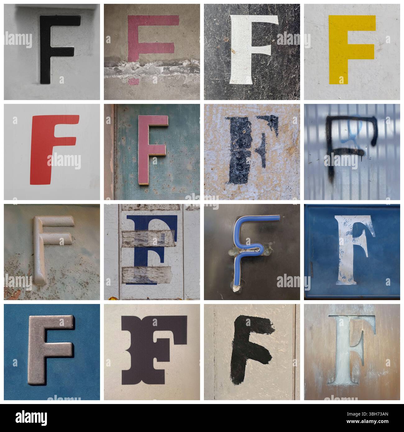 Raccolta di 16 lettere maiuscole serif e san serif scattate nelle strade urbane Foto Stock