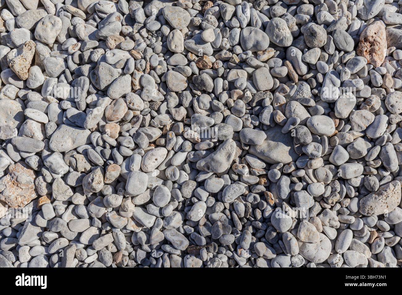 Di colore chiaro, ciottoli arrotondati e piccole rocce sparse sulla spiaggia in una giornata di sole, viste dall'alto. Viaggi naturali e background di viaggio. Foto Stock