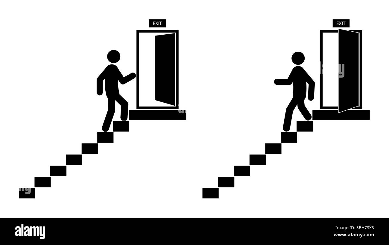 Serie di figure dell'avambraccio, movimento lungo le scale dell'uscita di emergenza, illustrazione vettoriale piatta. Illustrazione Vettoriale