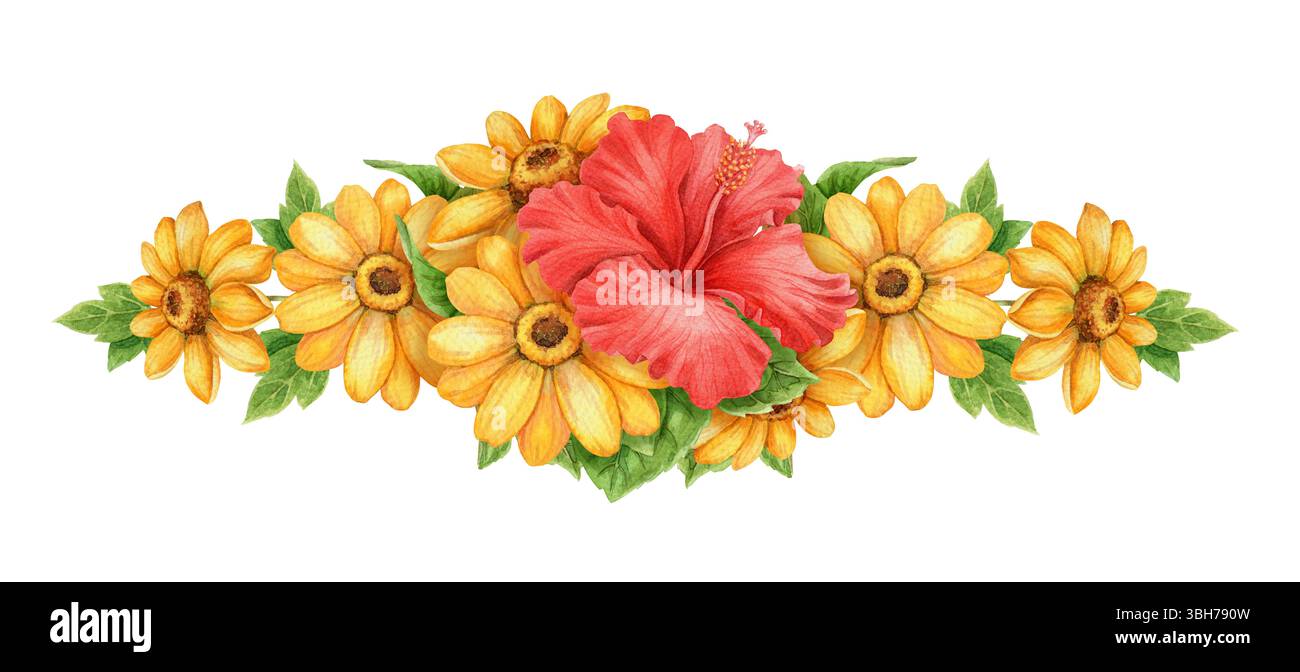 Fiori di ibisco rosso e girasole, ampia disposizione per bouquet. Acquerello disegnato a mano con motivi floreali e foglie. Elemento grafico vibrazione vacanze. Perfetto per Foto Stock