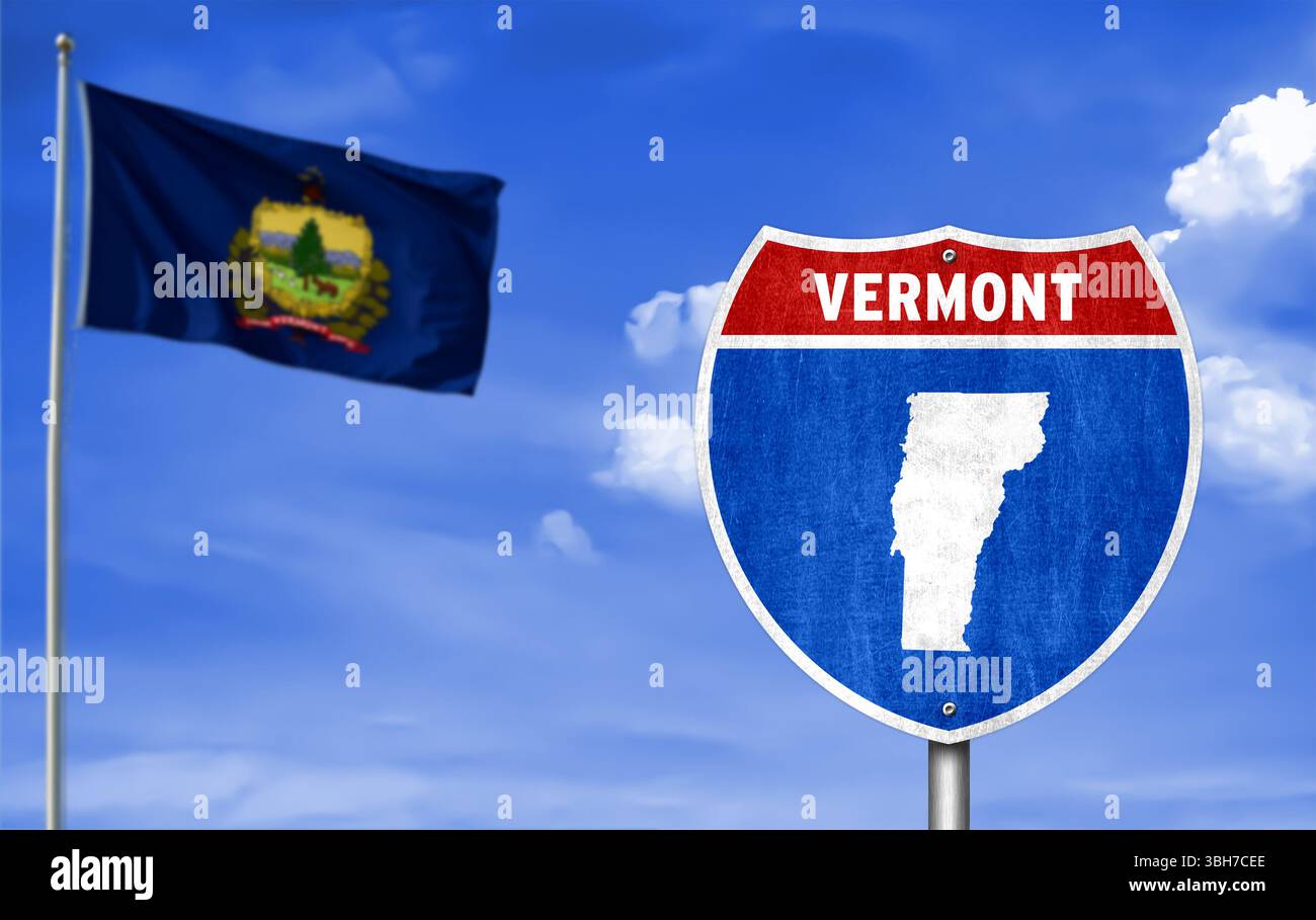 Insegna dell'Interstate con la bandiera dello stato del Vermont Foto Stock