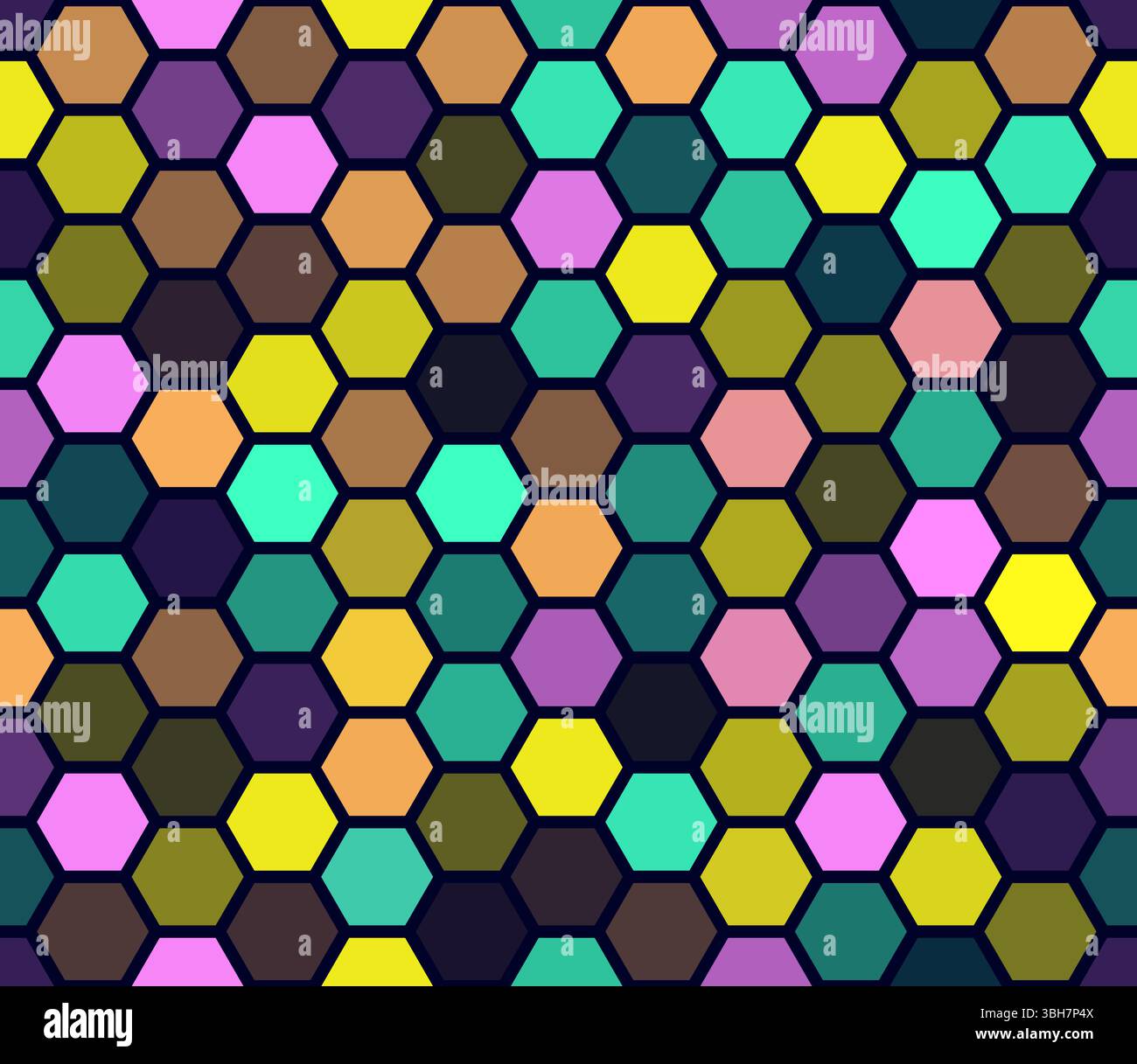 Un vivace motivo astratto caratterizzato da esagoni a incastro in una varietà di colori brillanti che creano una struttura a nido d'ape. Illustrazione Vettoriale