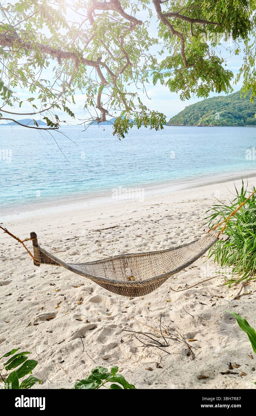 Amaca sulla spiaggia di un'isola tropicale, le Filippine. Foto Stock