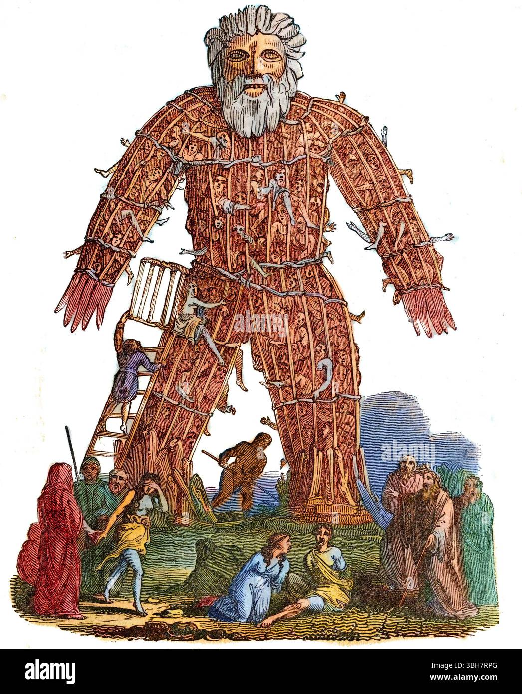 Religione gallica: Sacrificio umano tra i Galli. Viene costruito un gigantesco uomo di vimini, il suo corpo forma una gabbia, piena di esseri umani prima di essere dato fuoco (sacrificio umano). Questo rituale è descritto da Giulio Cesare (100-44 a.C.) nelle Guerre galliche (Libro 6), sulle usanze celtiche. Foto Stock