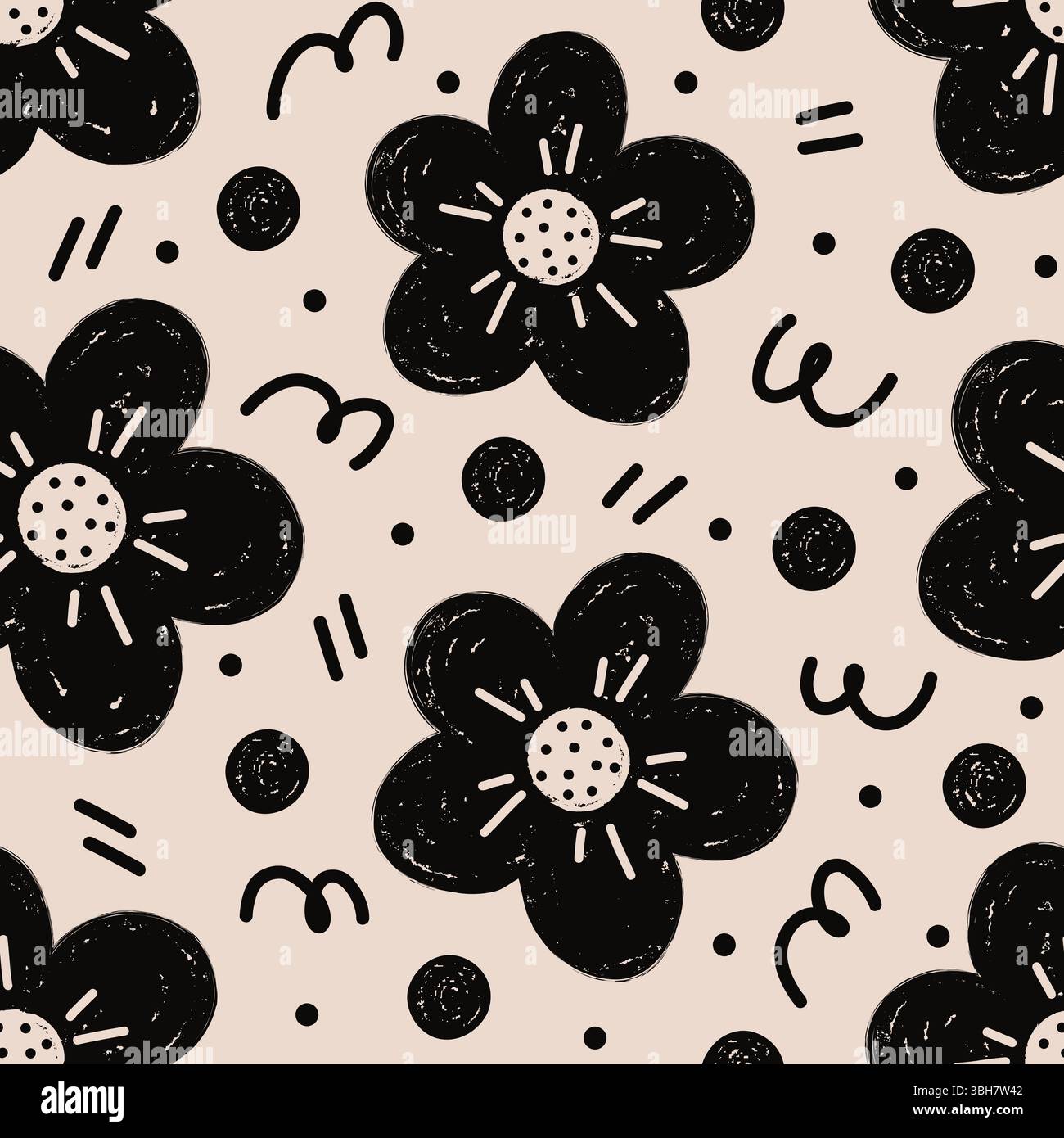 Crea un motivo con fiori disegnati a mano, pois e scarabocchi su sfondo chiaro. Illustrazione Vettoriale