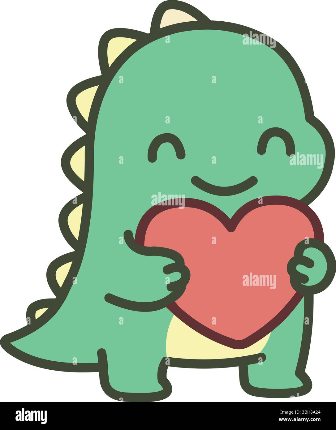 Simpatico dinosauro verde che tiene in mano o abbraccia un grande cuore rosso, esprimendo amore e gentilezza Illustrazione Vettoriale