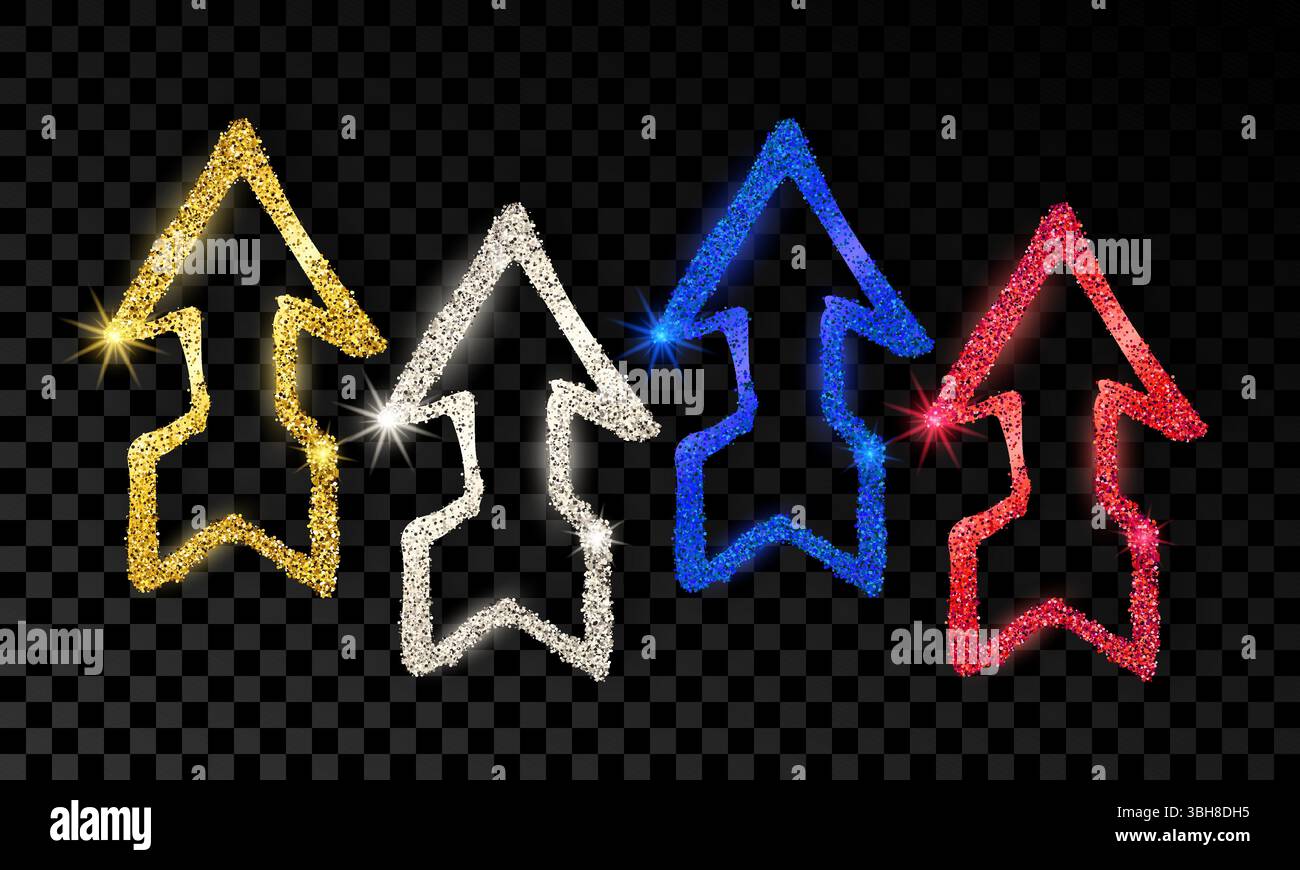 Set di quattro frecce disegnate a mano con effetto glitter oro, argento, blu e rosso su sfondo scuro trasparente. Illustrazione vettoriale Illustrazione Vettoriale