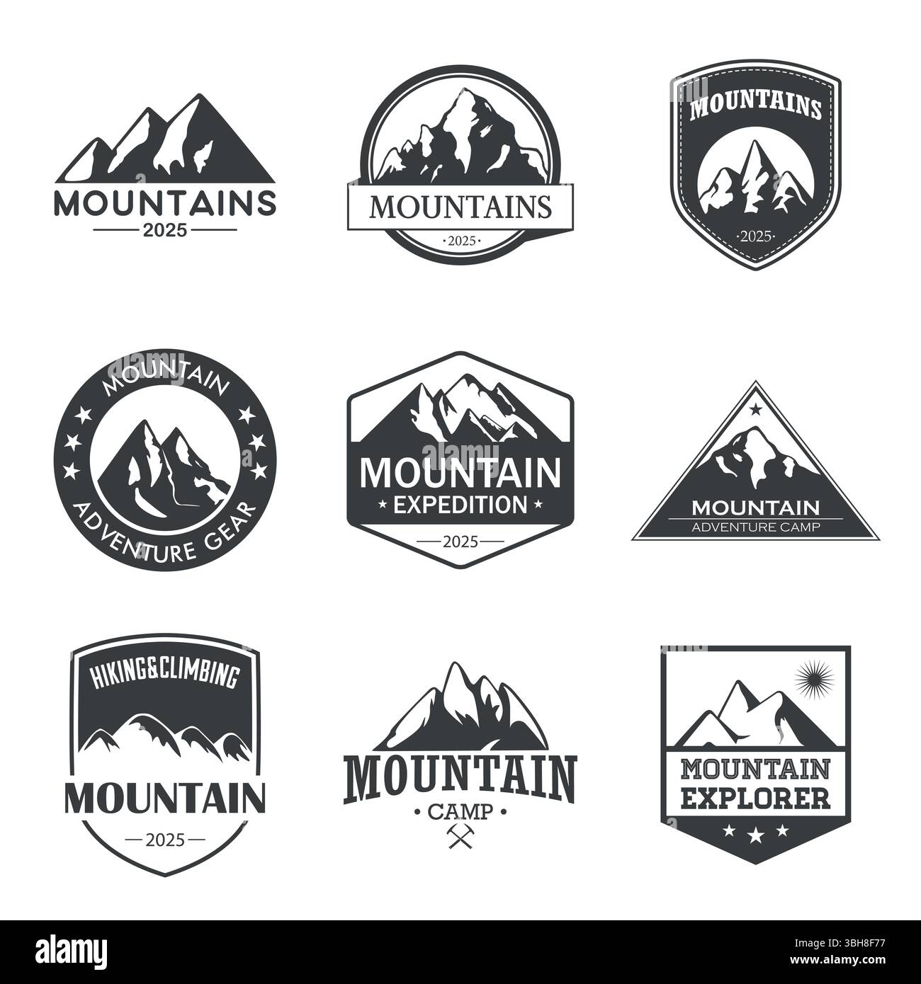 Logo Vector Vintage Mountain e distintivi per avventure all'aperto, escursioni, arrampicata, spedizioni, Camp Design in stile retro per Branding 2025 e. Illustrazione Vettoriale