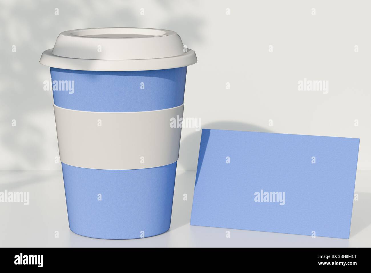 Tazza da caffè monouso blu con coperchio e cartoncino blu vuoto su sfondo bianco. rendering 3d. Foto Stock