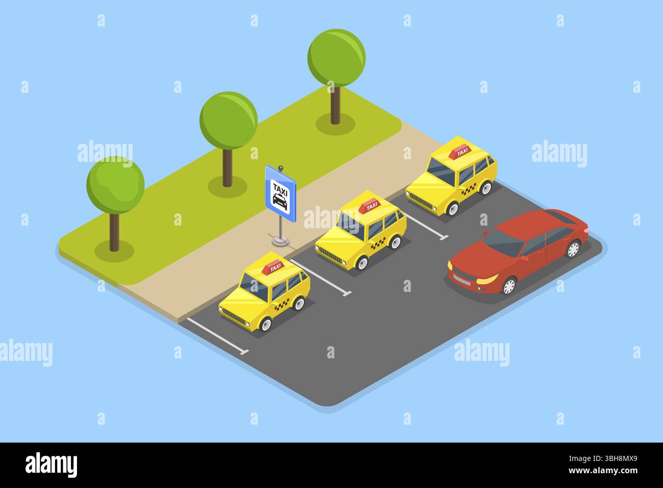 Illustrazione piatta isometrica 3D del parcheggio dei taxi, linee guida e suggerimenti per il parcheggio all'aperto Foto Stock