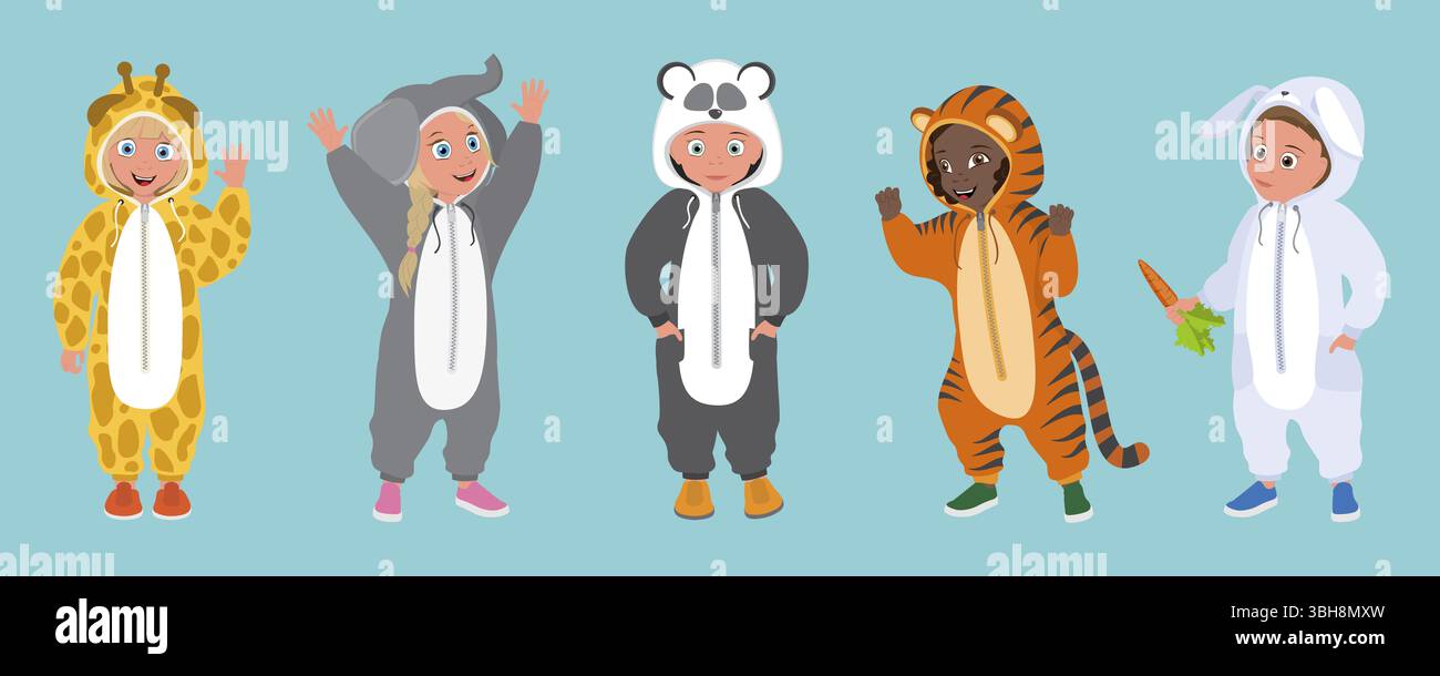 Illustrazione piatta isometrica 3D di simpatici pigiami per bambini, abito a tema animale per bambini e giochi di costumi Foto Stock
