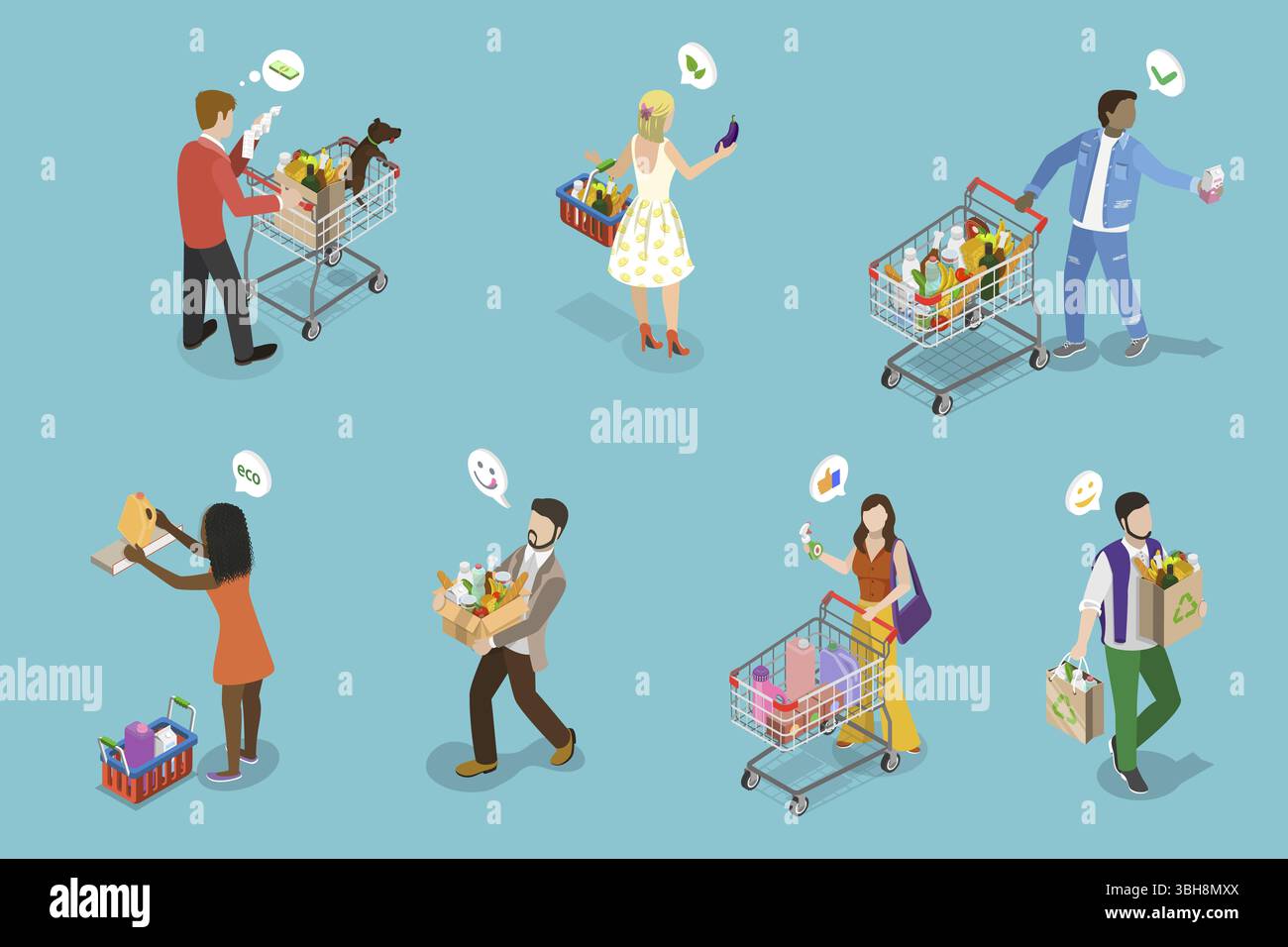 Illustrazione piatta isometrica 3D di Happy Shoppers, persone che si divertono in un centro commerciale o in un negozio di alimentari Foto Stock