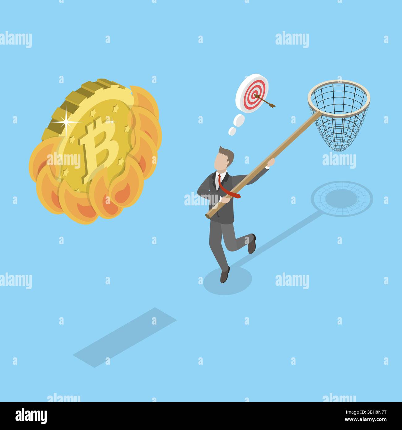 Illustrazione piatta isometrica 3D di investitori avidi che inseguono Bitcoin ad alte prestazioni in Bull Market, Una ricerca speculativa Foto Stock