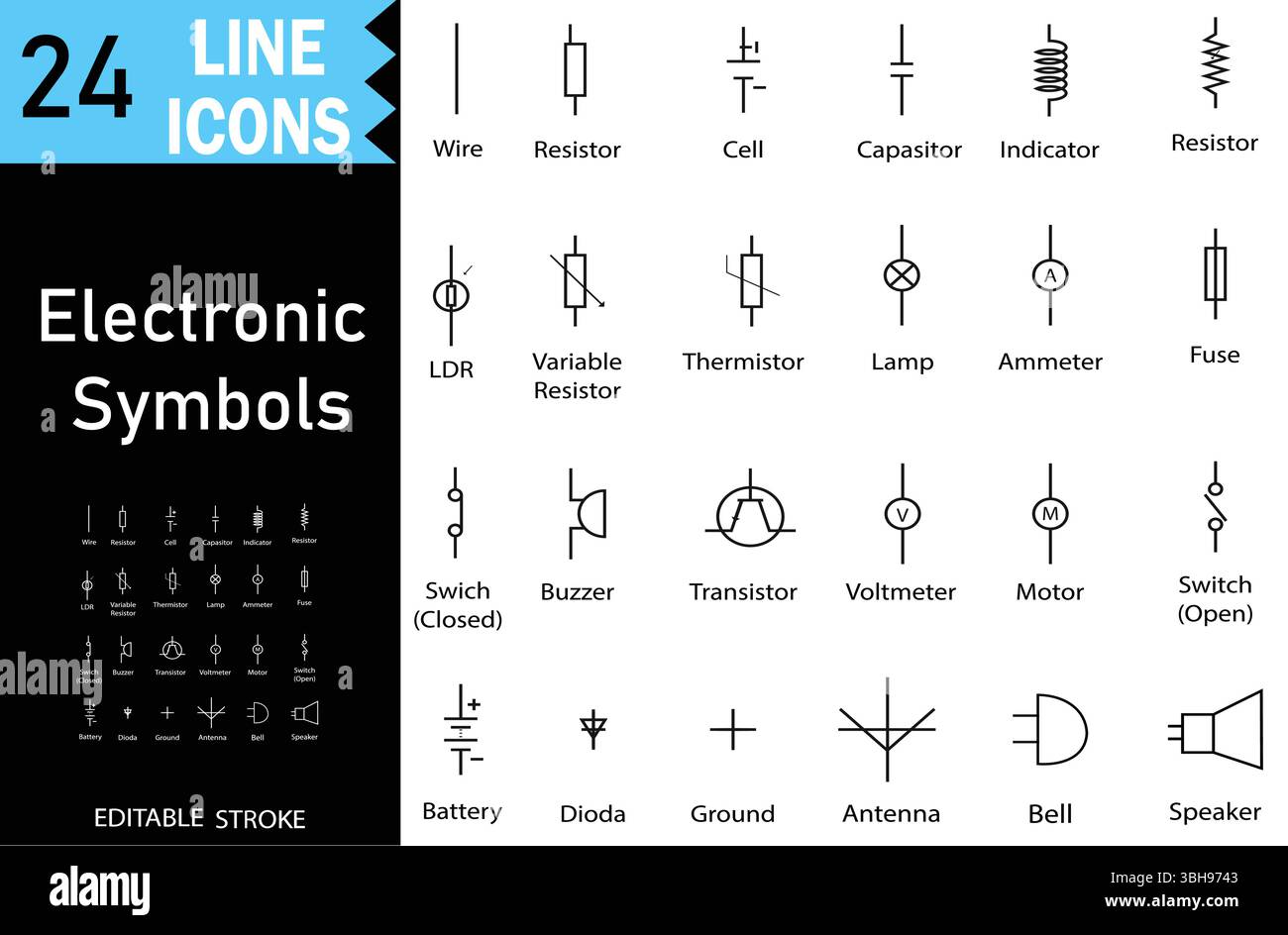 Set di diagrammi dei simboli dei circuiti elettrici ed elettronici utilizzati nella scienza dell'educazione fisica su sfondo bianco Illustrazione Vettoriale