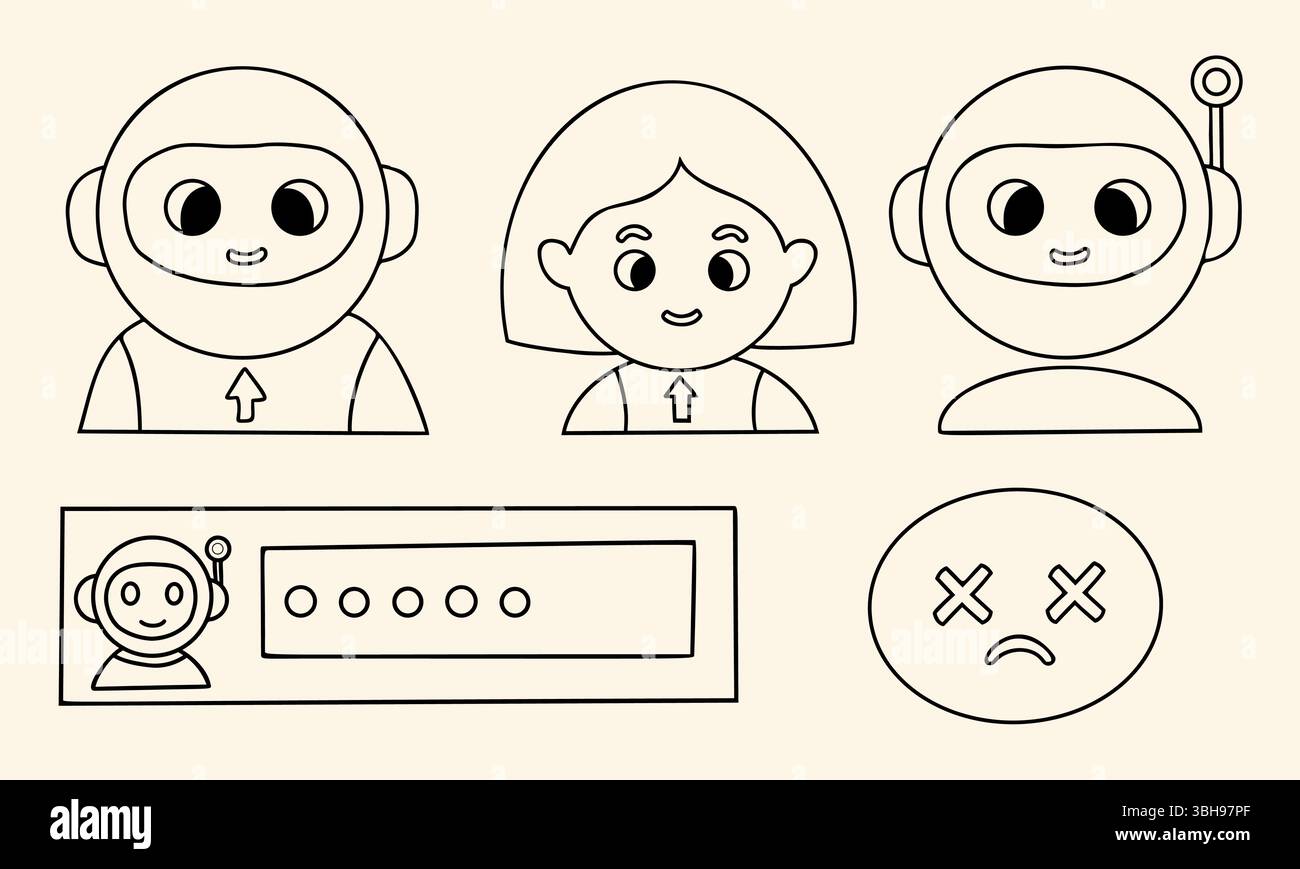 Delineare Chatbot, volti, assistente virtuale e icone di emozione umana per l'interfaccia ai. Set di disegni a mano lineari vettoriali con espressioni, supporto tecnico, Illustrazione Vettoriale