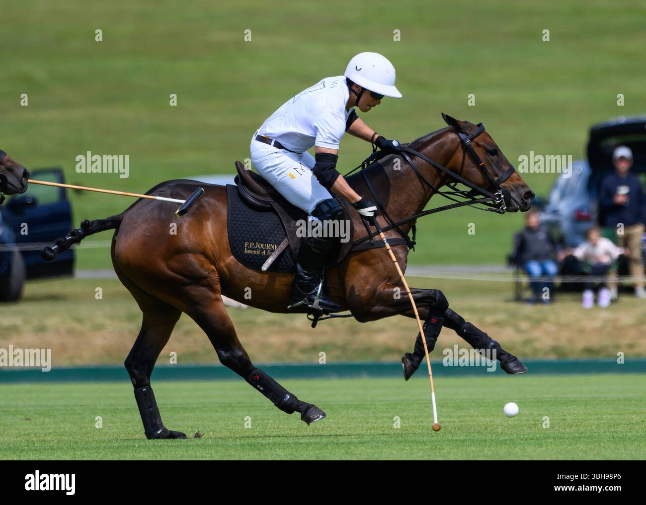 Cowdray Park, Sussex Regno Unito. 8 giugno 2025. Cowdray Park, Sussex Regno Unito. La finale della Duke of Sutherland Cup tra White Crane Black e la Irenita MB Polo. Nella foto, il principe Abdul Mateen del Brunei segna il gol di apertura della partita. Crediti: MartinJPalmer/Alamy Live News Foto Stock