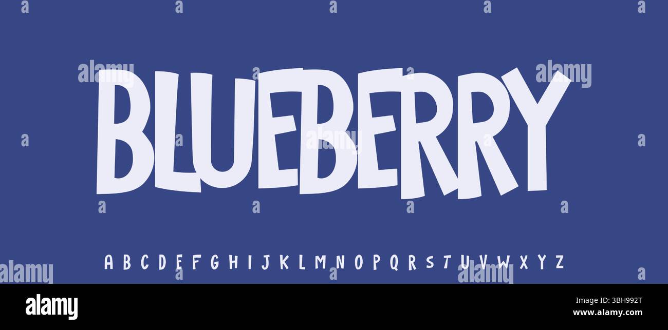 Titolo Summer Blueberry, lettere gioiose, cartoni animati divertenti tipografia. Font infantile per un logo accogliente con ricettario, dolci e ghiaccio Illustrazione Vettoriale