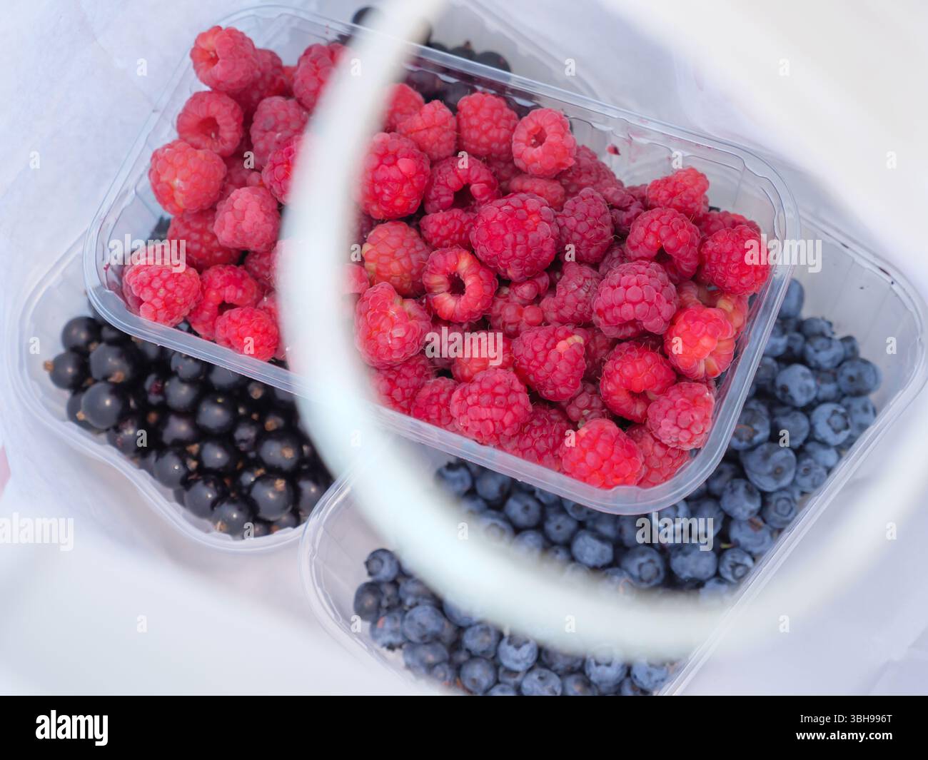 Tre contenitori di plastica con lamponi, mirtilli e ribes nero in un sacchetto di carta bianca. Shopping di cibo stagionale e concetto di sana alimentazione. Foto Stock