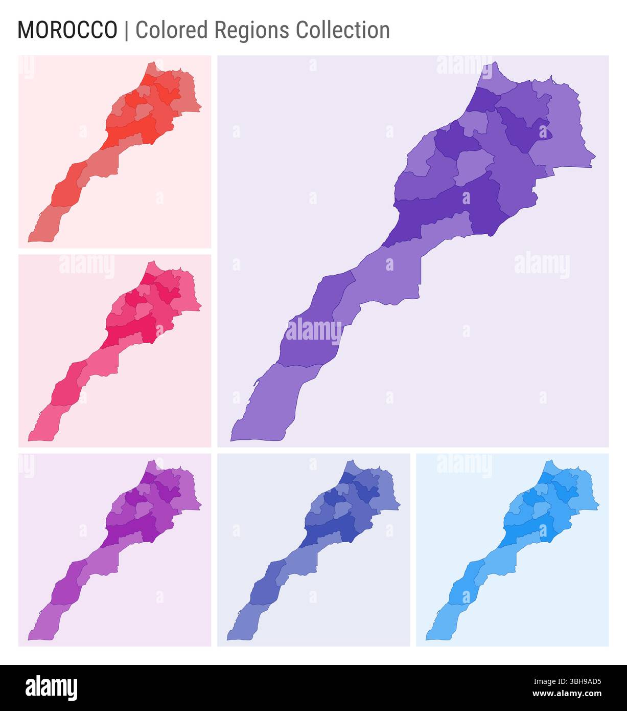 Raccolta di mappe del Marocco. Forma del paese con regioni colorate. Viola intenso, rosso, rosa, viola, indaco, tavolozze di colore blu. Illustrazione Vettoriale
