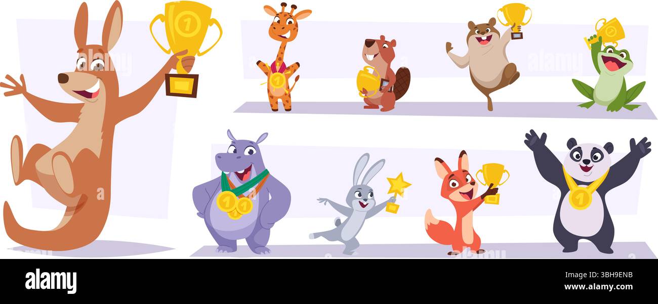 Tazza d'oro. Medaglia del trofeo per gli animali in possesso di diversi risultati illustrazione esatta del concetto del cartone animato vettoriale Illustrazione Vettoriale