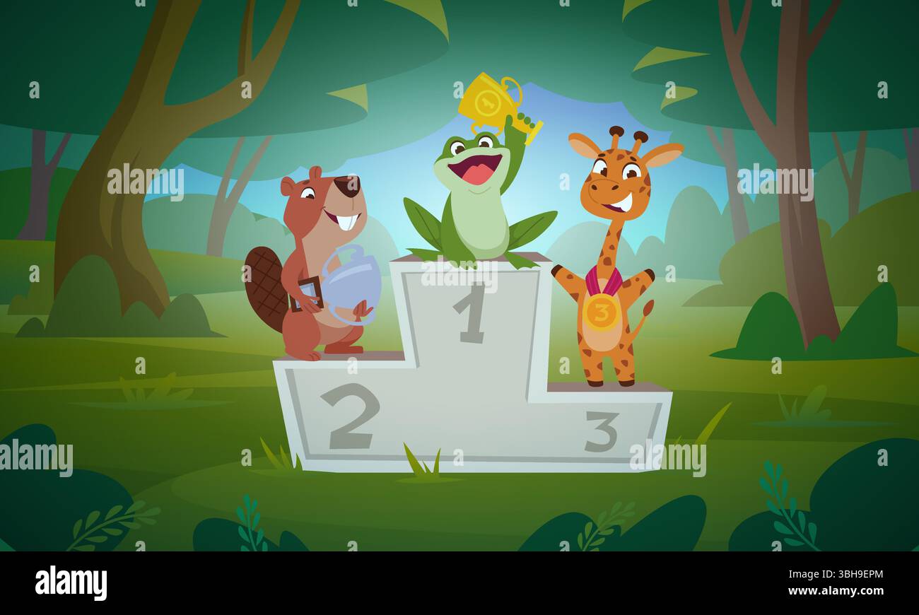 Premio per lo sport. Animali felici che detengono medaglie d'oro e di bronzo o coppe di cartoni animati vettoriali esatti sullo sfondo del modello sportivo Illustrazione Vettoriale