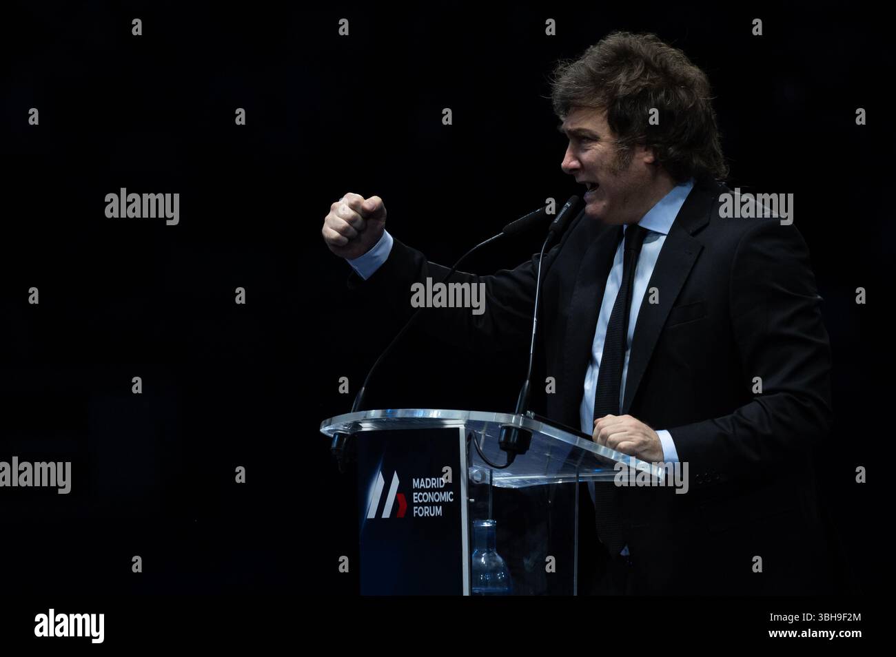 Madrid, Spagna. 8 giugno 2025. Il presidente argentino Javier Milei interviene durante la sessione di chiusura del Forum economico di Madrid. un evento che affronta i temi dell'economia, della finanza e dell'innovazione tecnologica ed è sponsorizzato da una piattaforma di criptovaluta. Crediti: Marcos del Mazo/Alamy Live News Foto Stock