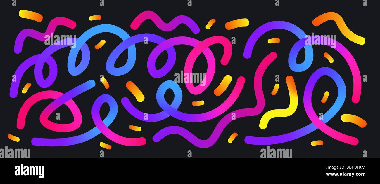 Set di colorate linee sfumate al neon e scoiattoli. Collezione di forme lunghe astratte ondulate. Il motivo decorativo ruota lo sfondo. Gradazione Carnevale Illustrazione Vettoriale