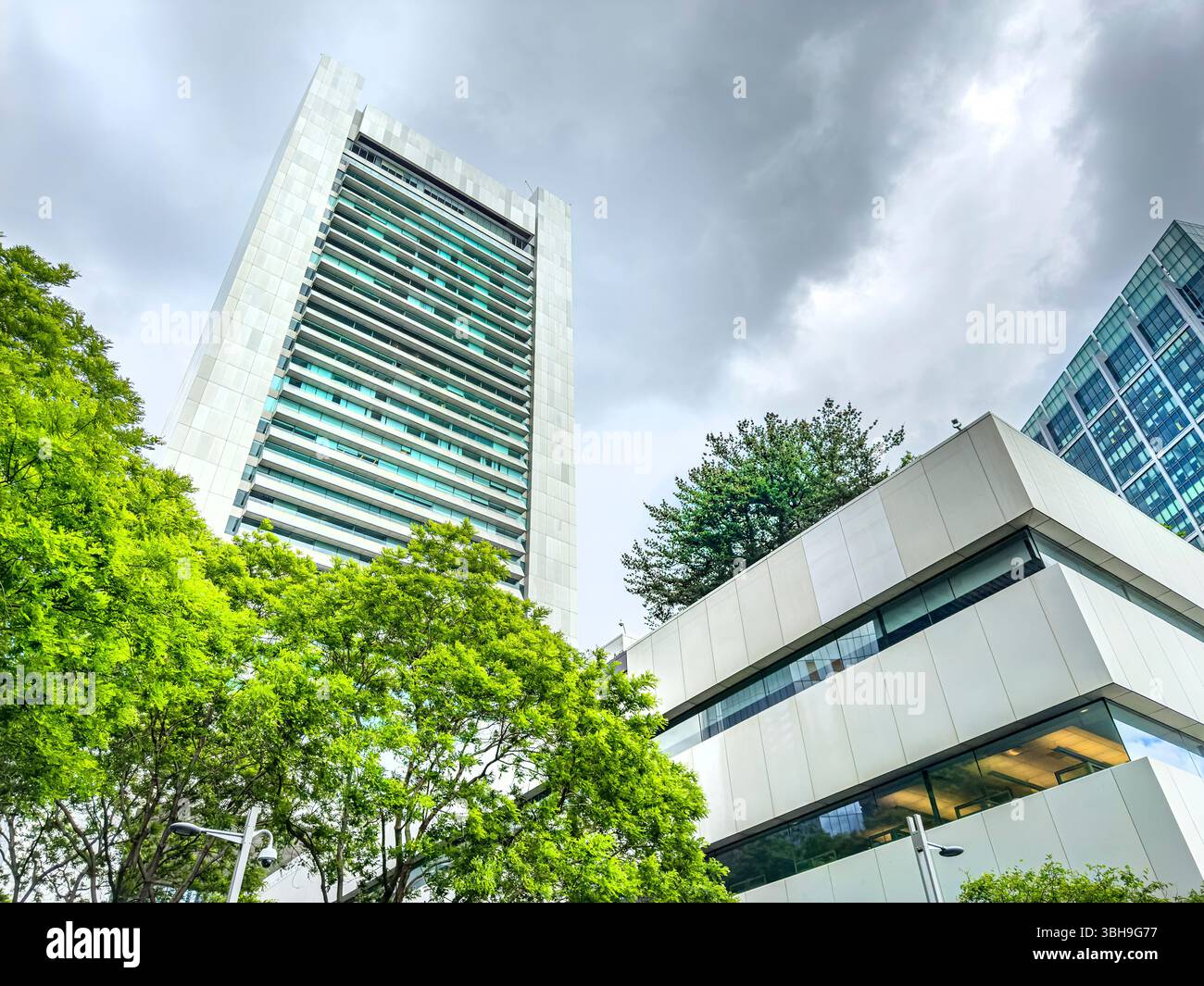 Federal Reserve Bank of Boston, vista ad angolo basso dell'esterno dell'edificio, Boston, Massachusetts, Stati Uniti Foto Stock
