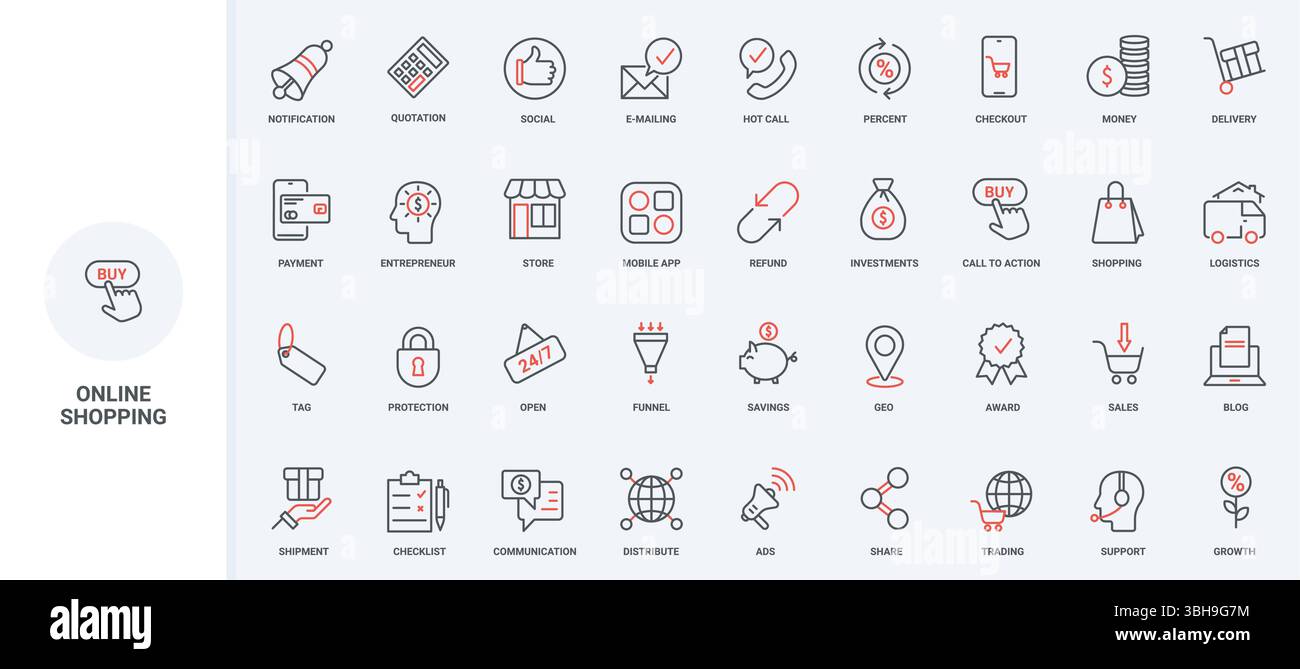 Supporto per lo shopping online dall'acquisto nell'app mobile all'insieme di icone della riga di consegna dell'ordine. Pubblicità, notifica di regali e sconti, pagamento, logistica, simboli sottili in nero e rosso illustrazione vettoriale Illustrazione Vettoriale