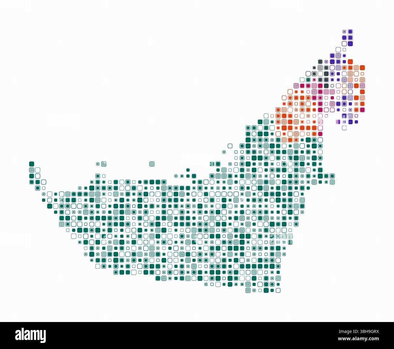 Emirati Arabi Uniti, forma del paese costruito con celle colorate. Mappa digitale degli Emirati Arabi Uniti su sfondo bianco. Illustrazione Vettoriale