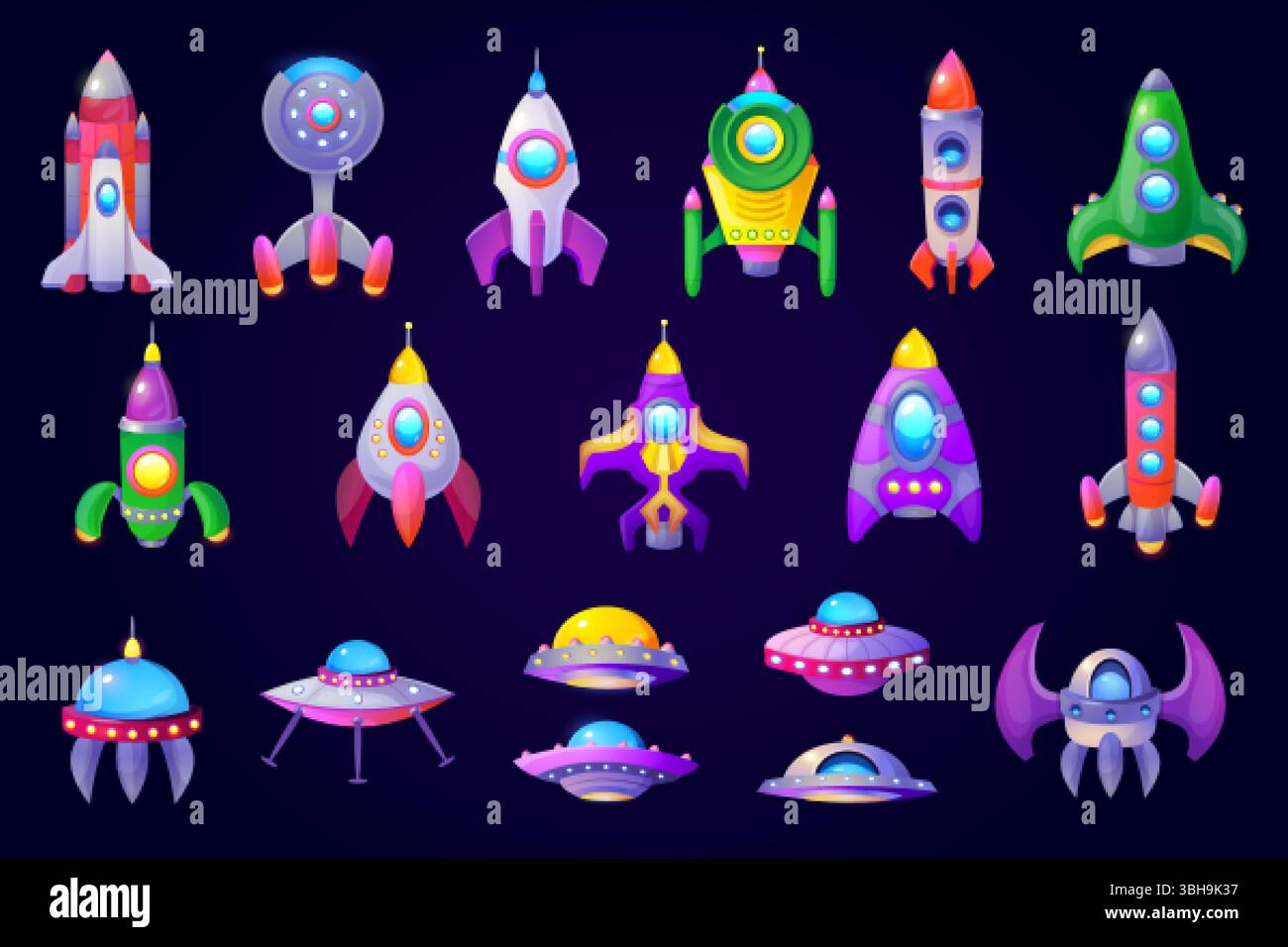 Navi spaziali da gioco. Navicella spaziale cartoon per il gioco mobile fantasy della galassia, navicella spaziale aliena ufo razzo cosmico futuristico, navicella spaziale interstellare, illustrazione vettoriale, grafica originale Illustrazione Vettoriale