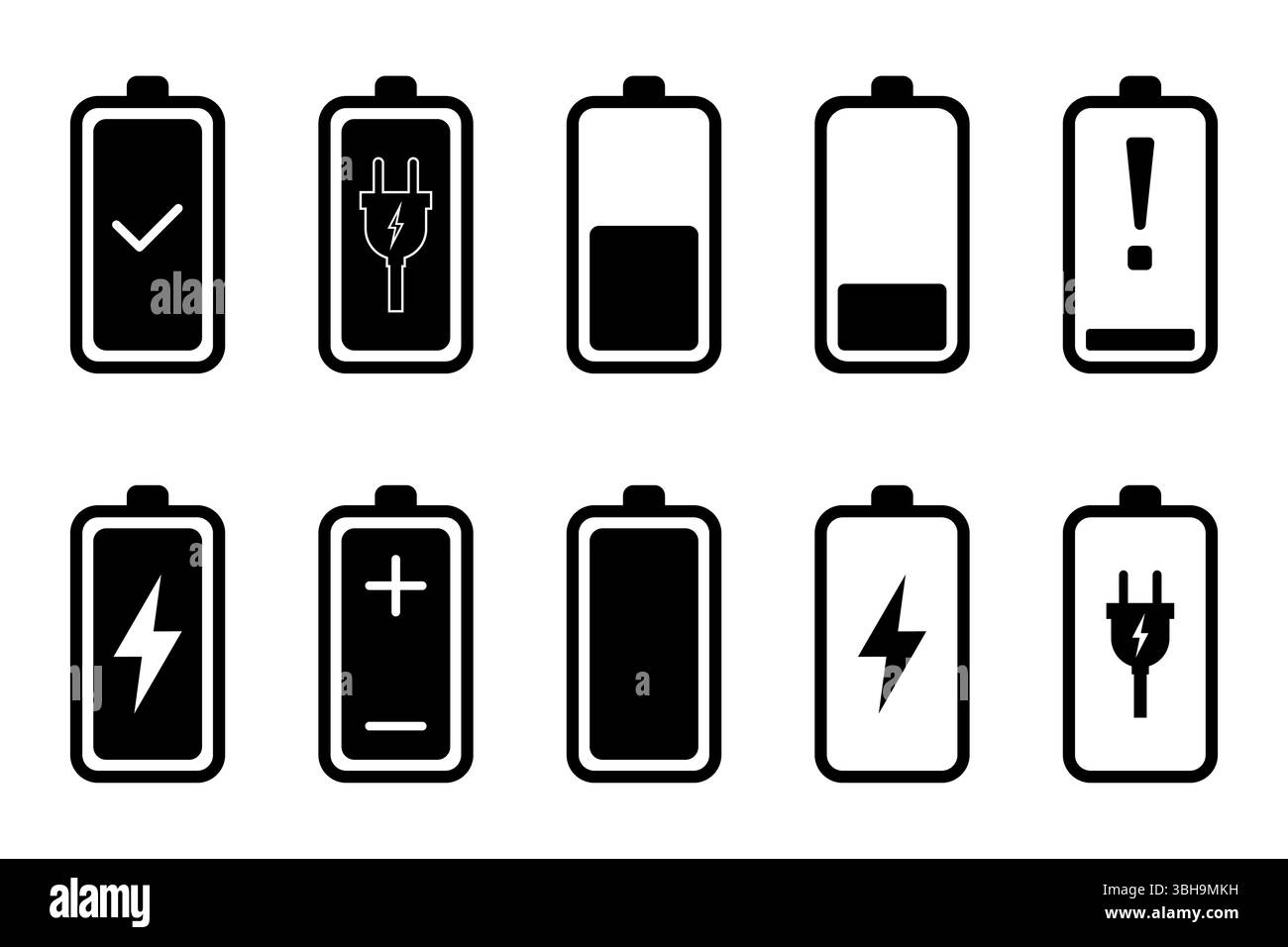 Serie di icone relative a problemi e funzioni di ricarica rapida della batteria Illustrazione Vettoriale