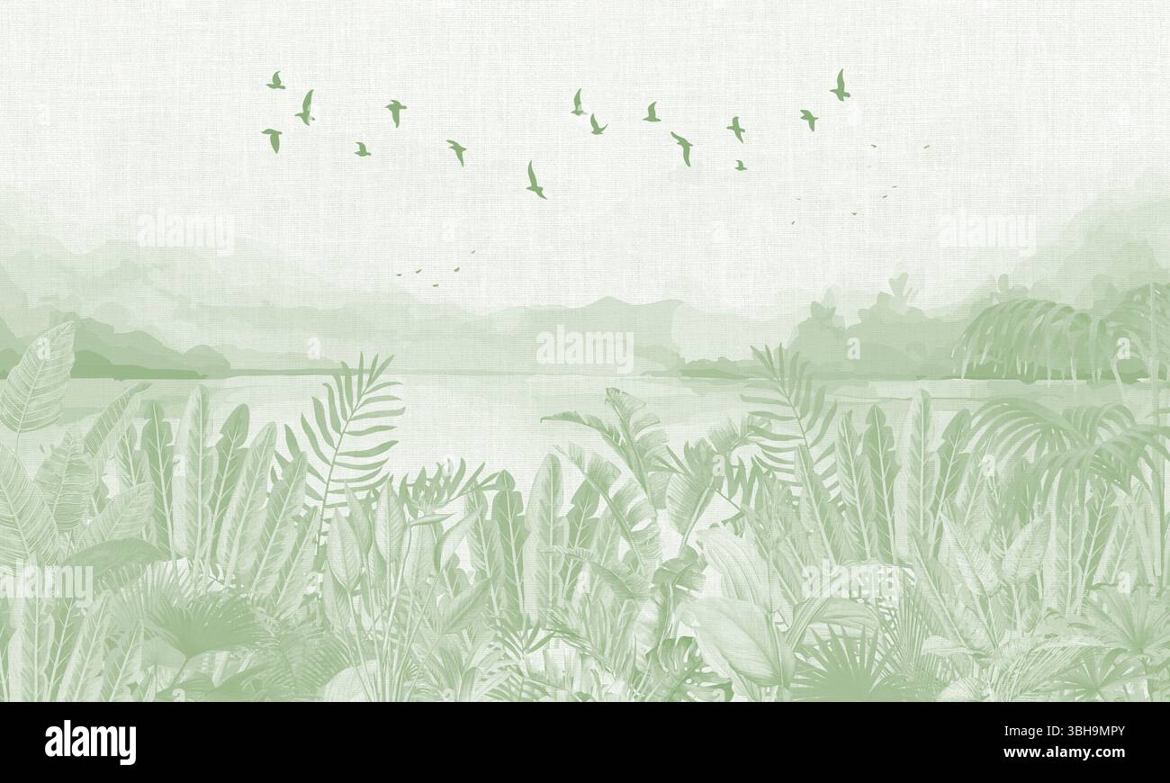 Decorazioni minimaliste: Verde chiaro paesaggio tropicale con stampa artistica Birds Foto Stock