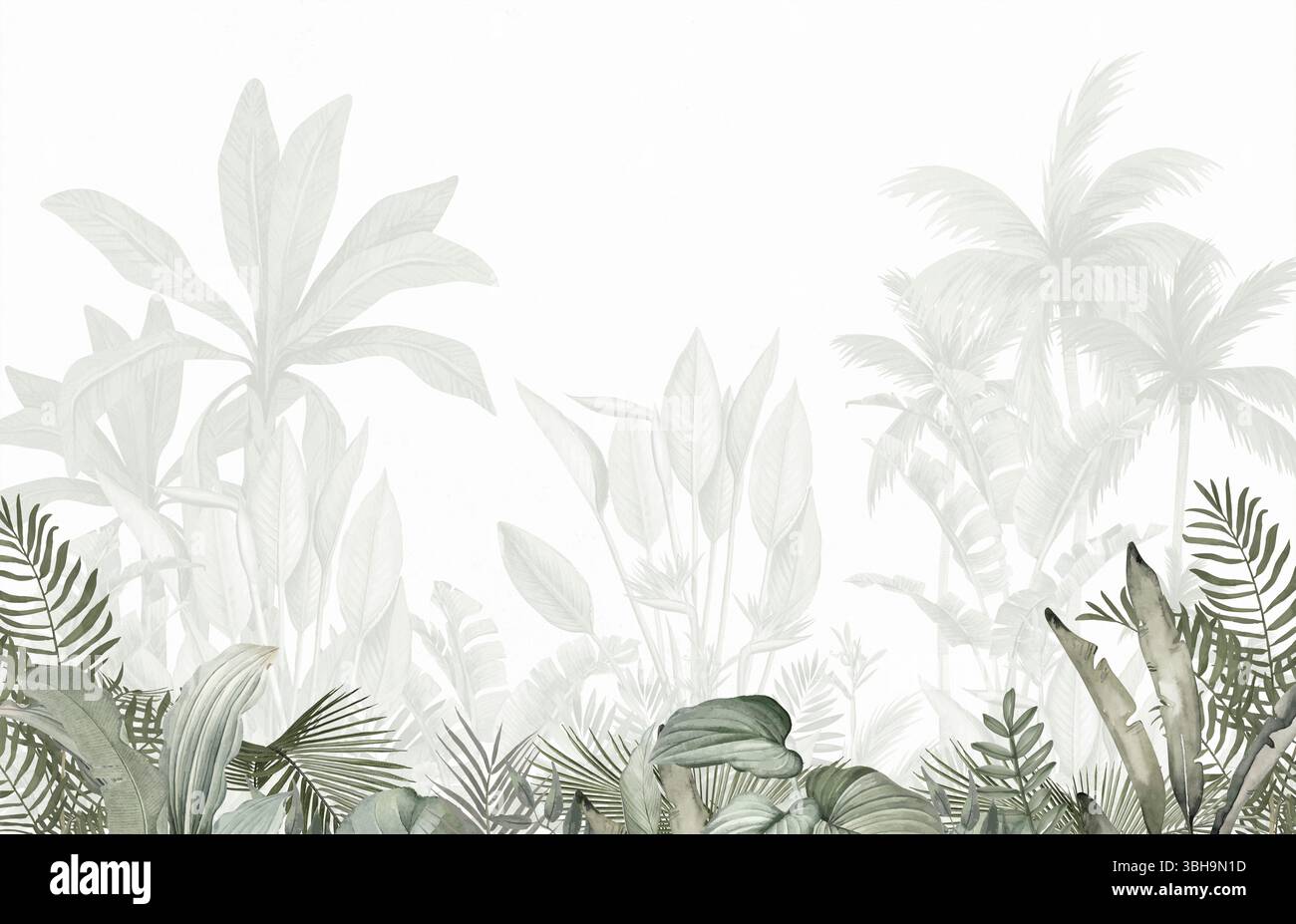 Decorazioni ispirate alla natura: Verde pastello Palm Forest Print per spazi tranquilli Foto Stock