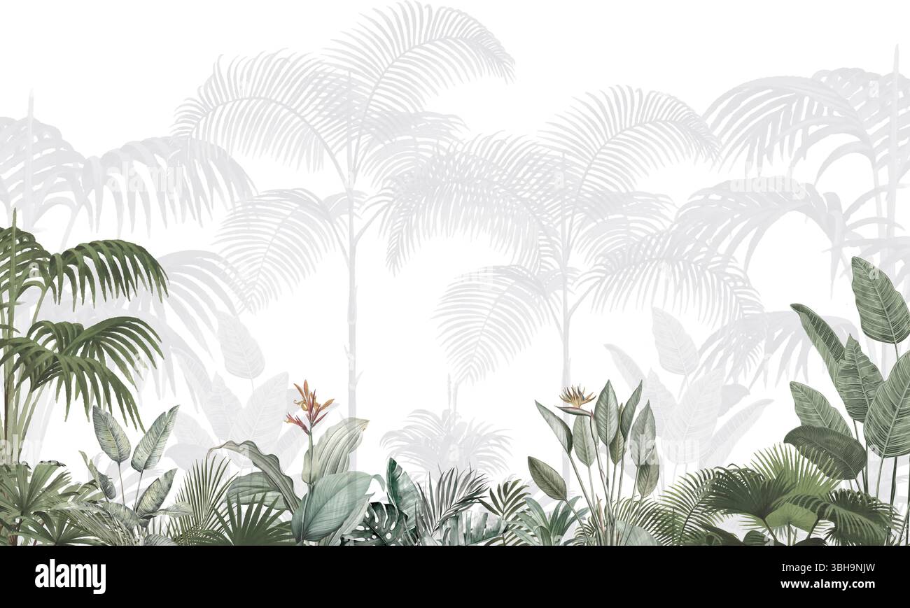 Sfondo tropicale verde molto chiaro: Palme sottili e delicato design Foliage Foto Stock