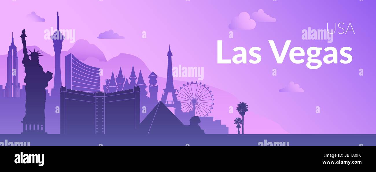 Lo skyline di Las Vegas presenta iconici monumenti storici e la vivace vita notturna della città Illustrazione Vettoriale